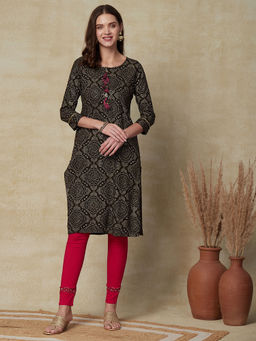 FASHOR - Printed Sequins Embroidered Tasseled Kurta - Brown