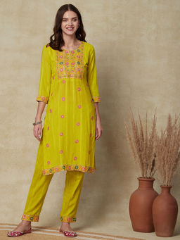 FASHOR - Woven Dobby Striped Kurta With Pant - Lime Yellow (Set of 2)