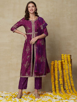 FASHOR - Lehriya Kurta With Pant, Dupatta & Waist Belt - Purple (Set of 4)