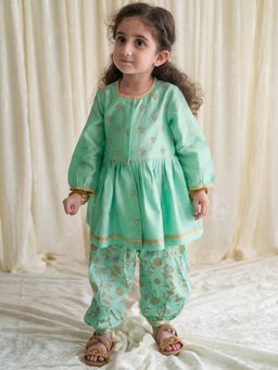 TIBER TABER - Baby Girl Chanderi Angrakha Suit Embroidered - Green (Set of 2)