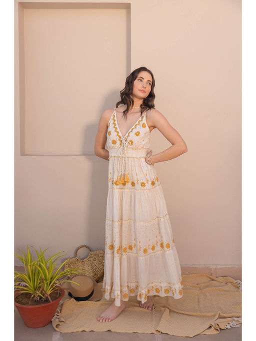 Buy LABEL REYYA Noura Embroidered White Boho Strappy Maxi Dress (S) Online
