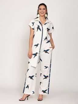 IKI CHIC - White Bird Print Oversize Asymmetric Shirt And Wide Leg Pants Set (Set of 2)