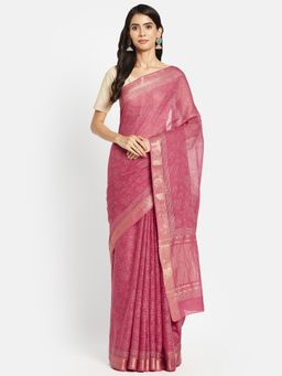 Fabindia - Pink Cotton Hand Block Printed Saree without Blouse