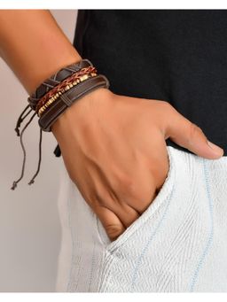 VOJ - Men Set Of 4 Brown Leather Wraparound Bracelet