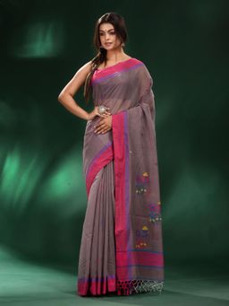 CHARUKRITI - Grey Handspun Cotton Soft Saree with Unstitched Blouse