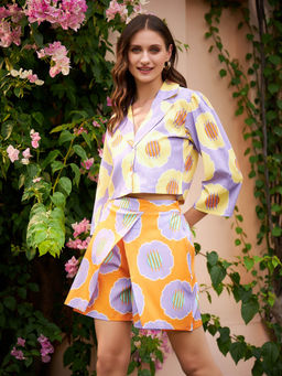 AAREIN - Lavender and Yellow Printed Shirt with Skorts (Set of 2)