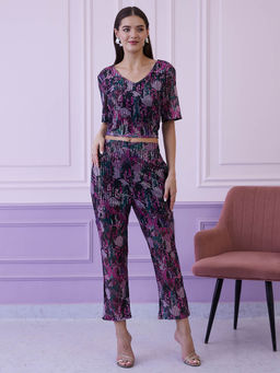 AAREIN - Multi-Color Embellished V-Neck Top with Trousers (Set of 2)