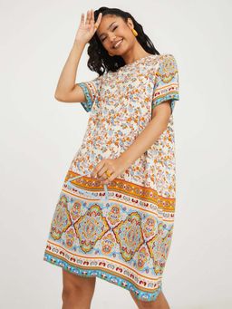 Styli - Multi Short Sleeves Floral Print Relaxed Fit Knee Length Dress