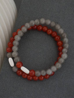Suhani Pittie - Silver Plated Oval Motif With Red & Grey Glass Beads Distance Bracelet (Set Of 2)