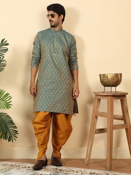 Kraft India - Mens Silk Blend Jacquard Paisley Blue Kurta with Dhoti