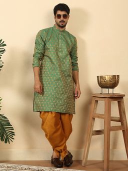 Kraft India - Mens Silk Blend Jacquard Paisley Green Kurta with Dhoti