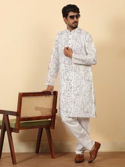Kraft India - Mens White Cotton Thread Work Embroidered Kurta with Pyjama