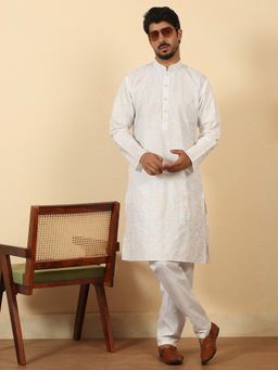 Kraft India - Mens White Cotton Thread Work Embroidered Kurta with Pyjama