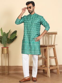 Kraft India - Mens Cotton Blend Ethnic Motifs Printed Teal Green Kurta with Pyjama