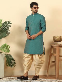 Kraft India - Mens Silk Blend Jacquard Geometric Teal Kurta with Dhoti