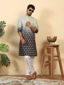 Kraft India - Mens Ombre Printed Mandarin Collar Straight Black Kurta with Pyjama