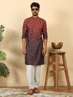 Kraft India - Mens Ombre Printed Mandarin Collar Straight Maroon Kurta with Pyjama