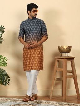 Kraft India - Mens Ombre Printed Mandarin Collar Straight Mustard Kurta with Pyjama