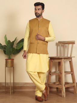 Kraft India - Mens Yellow Pathani Kurta with Salwar and Nehru Jacket