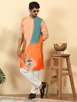 Kraft India - Mens Abstract Printed Mandarin Collar Long Sleeve Beige Kurta with Pyjama