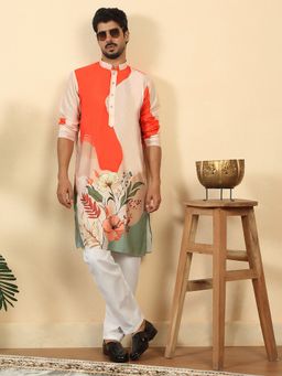 Kraft India - Mens Abstract Printed Mandarin Collar Long Sleeve Orange Kurta with Pyjama