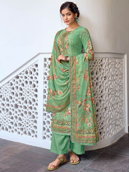 Stylee LIFESTYLE - Green Cotton Digital Printed Dress Material (Set of 3)