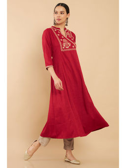 Soch - Maroon Rayon Embroidered Flared Fit Kurta
