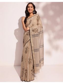 Fabindia - Beige Cotton Silk Blend Hand Block Printed Saree Without Blouse