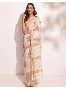 Fabindia - Natural Cotton Silk Blend Hand Block Printed Saree Without Blouse
