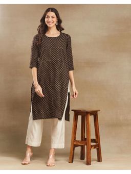 Fabindia - Brown Cotton Dabu Printed Long Kurta