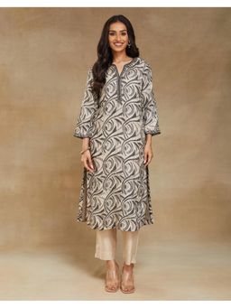 Fabindia - Grey Silk Printed Long Kurta