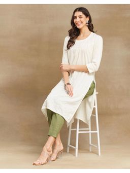 Fabindia - Off White Natural Viscose Calf Length Long Kurta