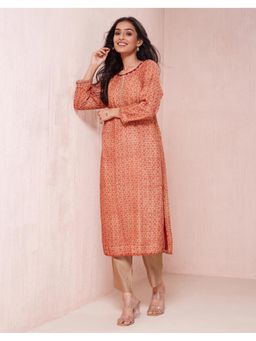 Fabindia - Rust Cotton Silk Bagru Printed Long Kurta