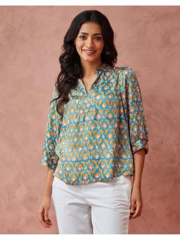 Fabindia - Teal Rayon Blend Hand Block Printed Top