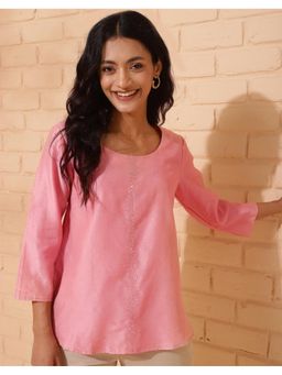Fabindia - Pink Cotton Silk Embroidered Top
