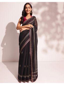 Fabindia - Black Cotton Silk Embroidered Saree Without Blouse