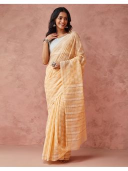 Fabindia - Yellow Cotton Silk Hand Block Printed Saree Without Blouse
