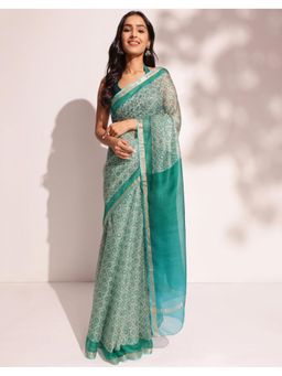 Fabindia - Green Silk Hand Block Printed Saree Without Blouse