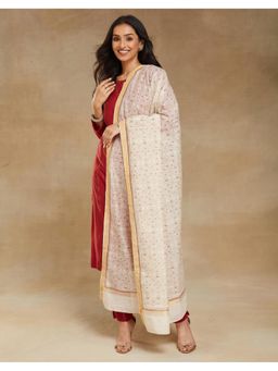 Fabindia - White Cotton Silk Blend Hand Block Printed Dupatta