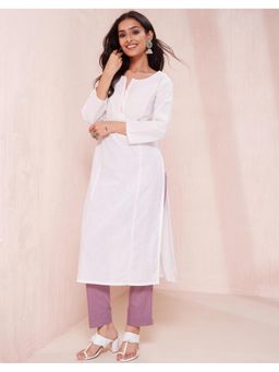 Fabindia - Off White Cotton Slim Fit Long Kurta