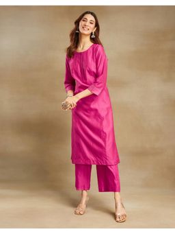 Fabindia - Pink Cotton Silk Blend Calf Length Long Kurta