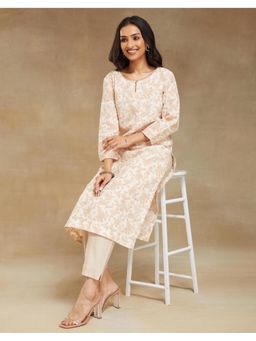 Fabindia - Off White Natural Linen Blend Hand Block Printed Long Kurta
