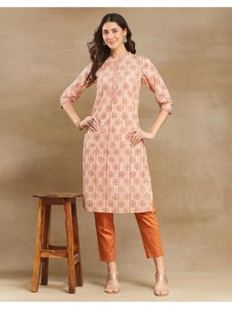 Fabindia - Pink Cotton Hand Block Printed Long Kurta