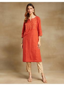 Fabindia - Rust Cotton Hand Block Printed Long Kurta