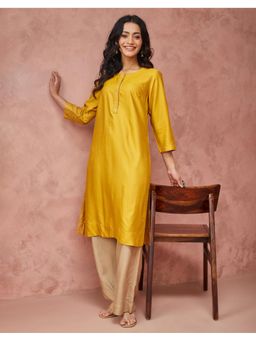 Fabindia - Mustard Viscose Silk Woven Calf Length Kurta