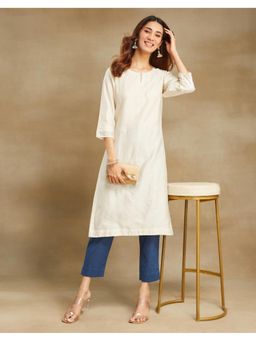 Fabindia - White Cotton Silk Calf Length Long Kurta