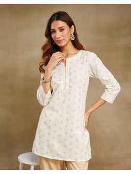 Fabindia - Off White Cotton Printed Short Kurta
