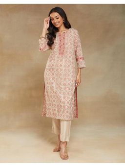 Fabindia - Off White Natural Cotton Hand Block Printed Long Kurta