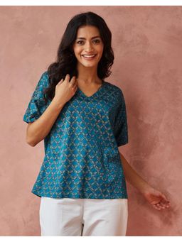 Fabindia - Turquoise Rayon Blend Printed Top