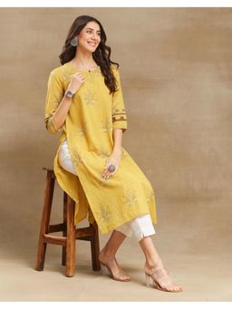 Fabindia - Yellow Cotton Applique Long Kurta